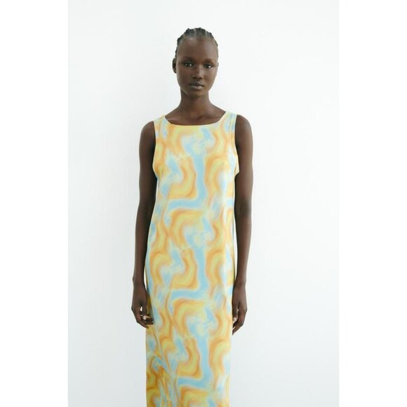 NWT Womens Size Large ZARA Multicolor V-Back Watercolor Print Midi Dress NEW - Picture 6 of 9